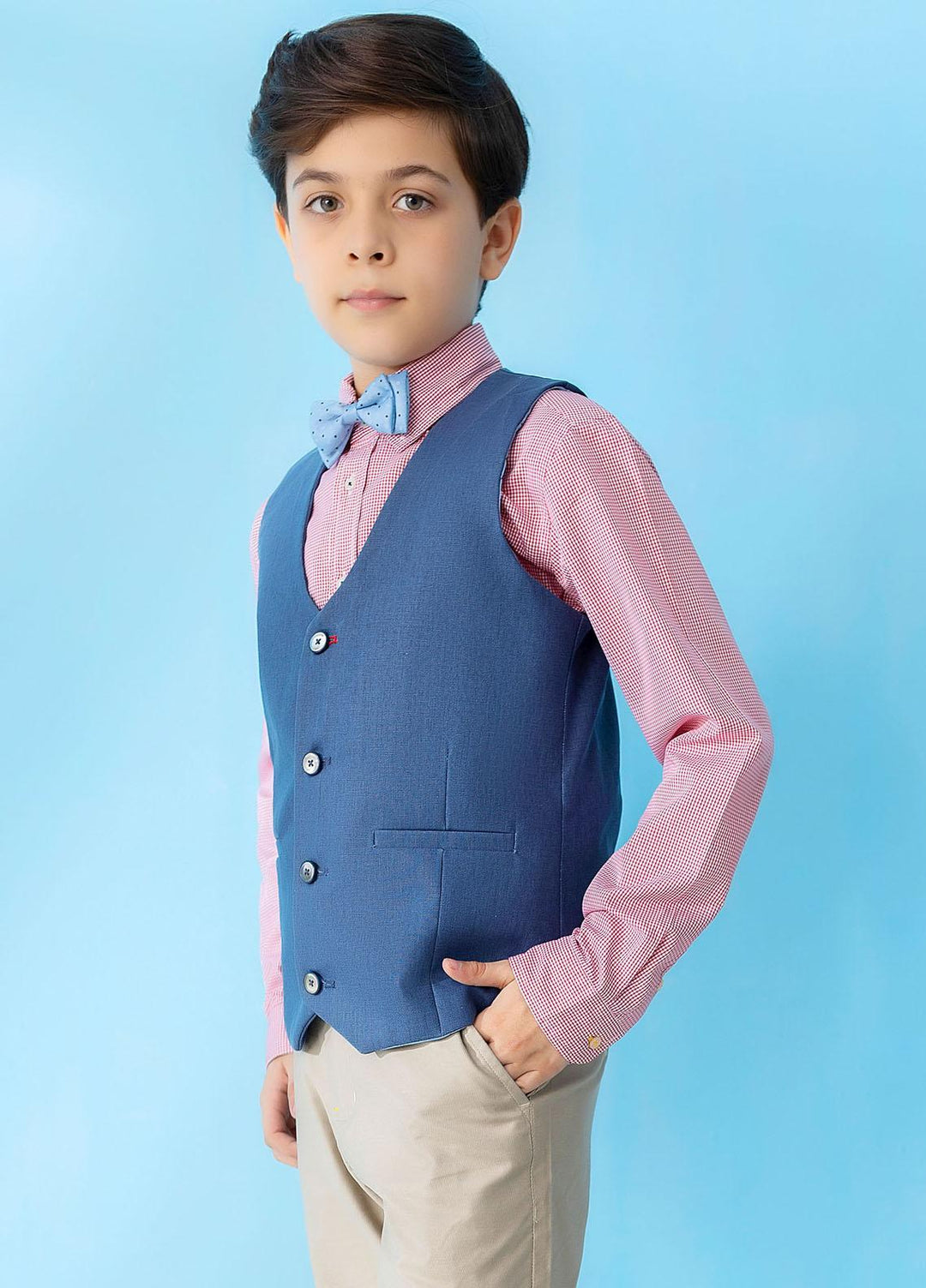 Brumano  Casual Vest for Boys -  Blue Linen Textured Suit Vest With Bow BRM-JNR-1370
