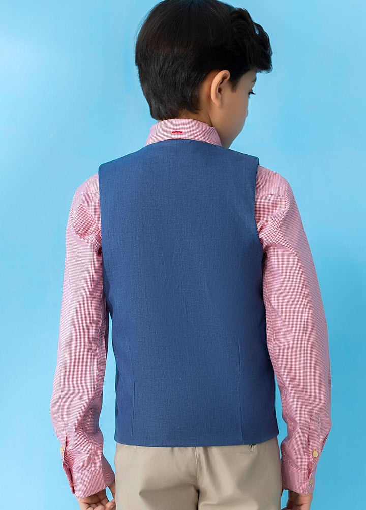 Brumano  Casual Vest for Boys -  Blue Linen Textured Suit Vest With Bow BRM-JNR-1370