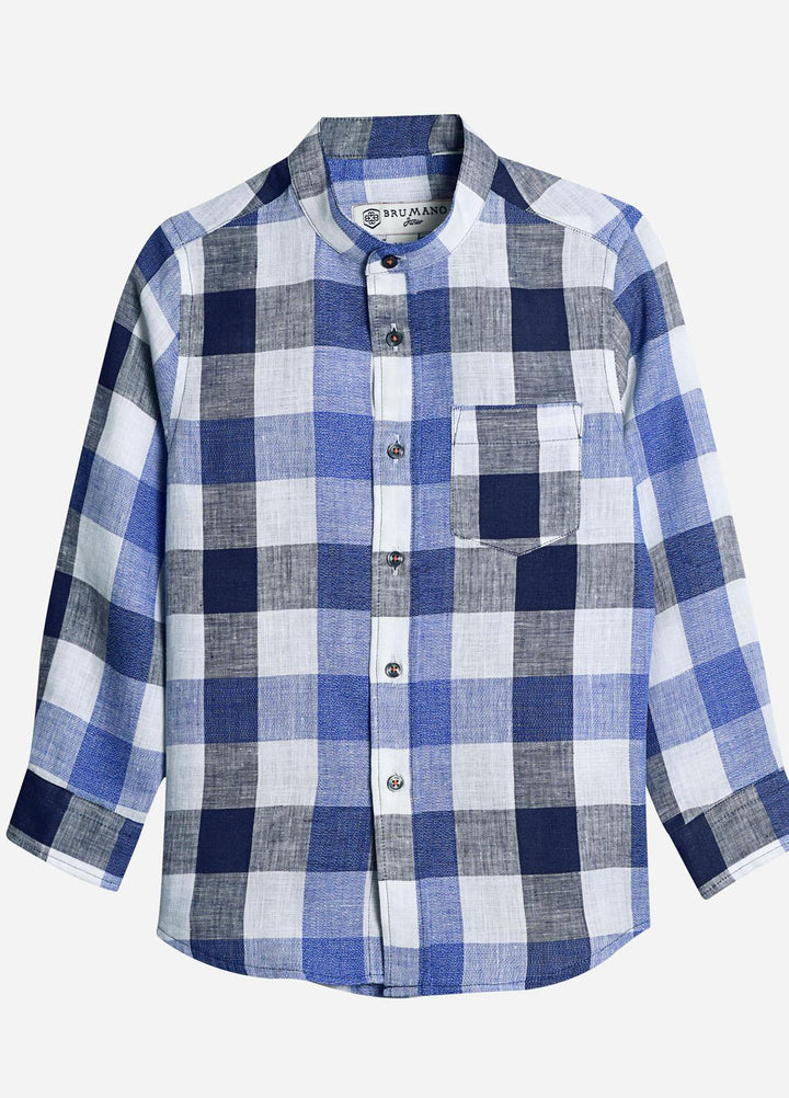 Brumano Cotton  Shirt for Boys -  Blue Linen Mao Collar Casual Shirt-SS2022