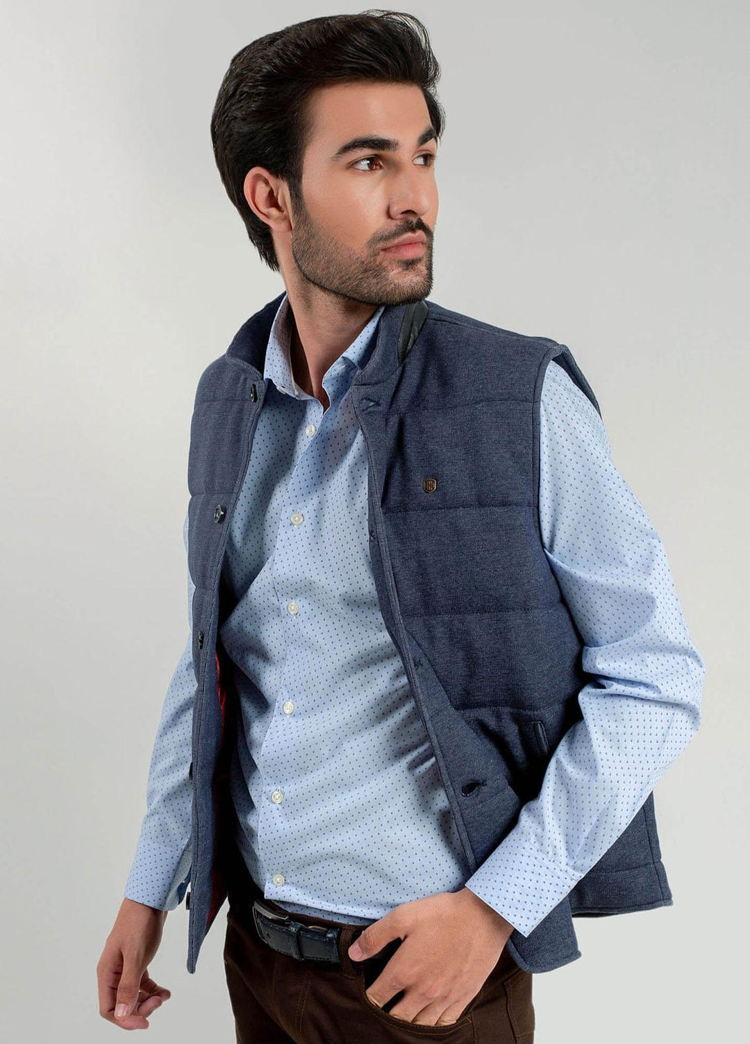 Brumano Polyester Casual Mens Jackets -   Blue Knitted Sleeveless Vest With Leather Detailing
