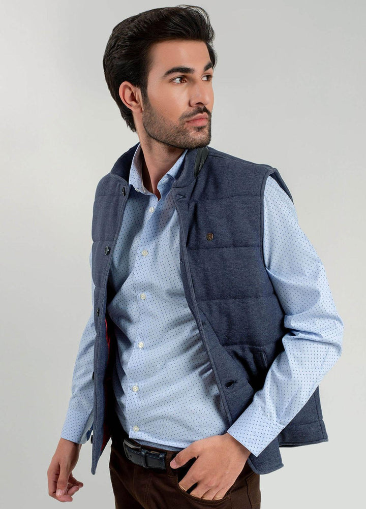 Brumano Polyester Casual Mens Jackets -   Blue Knitted Sleeveless Vest With Leather Detailing