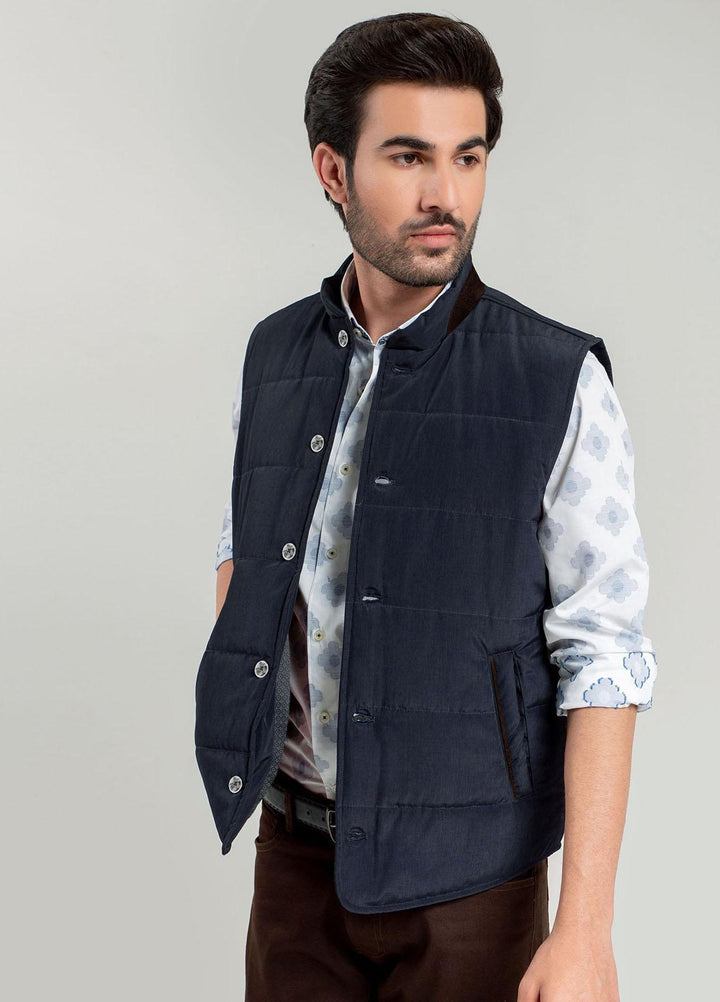 Brumano Cotton Casual Mens Jackets -   Navy Blue Quilted Sleeveless Vest With Leather Detailing
