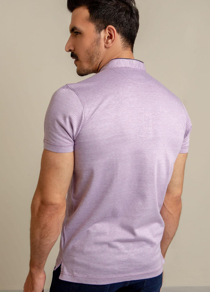 Brumano Cotton Casual Polo Shirts for Mens -  Lilac Herringbone Mao Collar Polo Shirt-SS2022