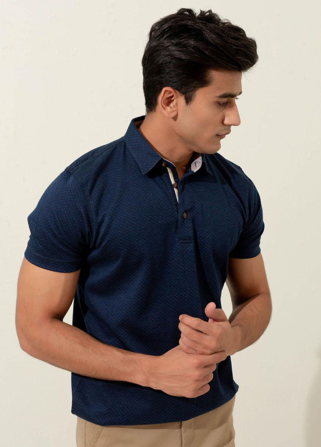Brumano Cotton Polo T-Shirts for Men -   Navy Blue Geo Patterned Mercerized Polo