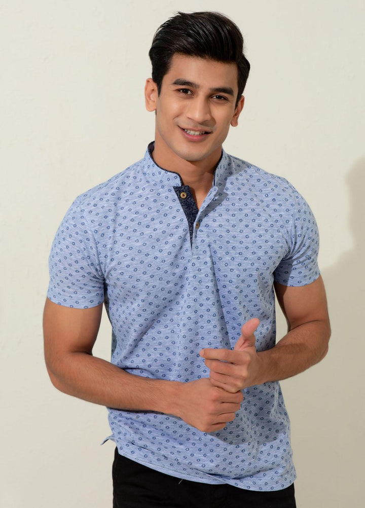 Brumano Cotton Polo Men T-Shirts -   Blue Pique Printed Mao Collar Polo Shirt