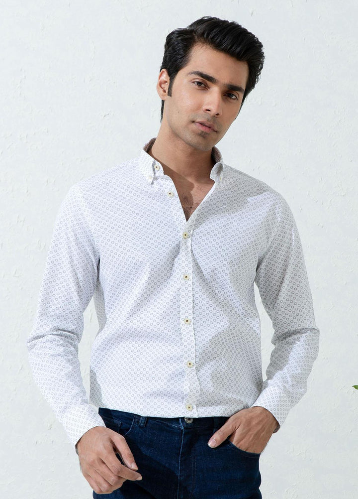 Brumano Cotton Casual Men Shirts -  White Printed Shirt With Inner Collar Detailing