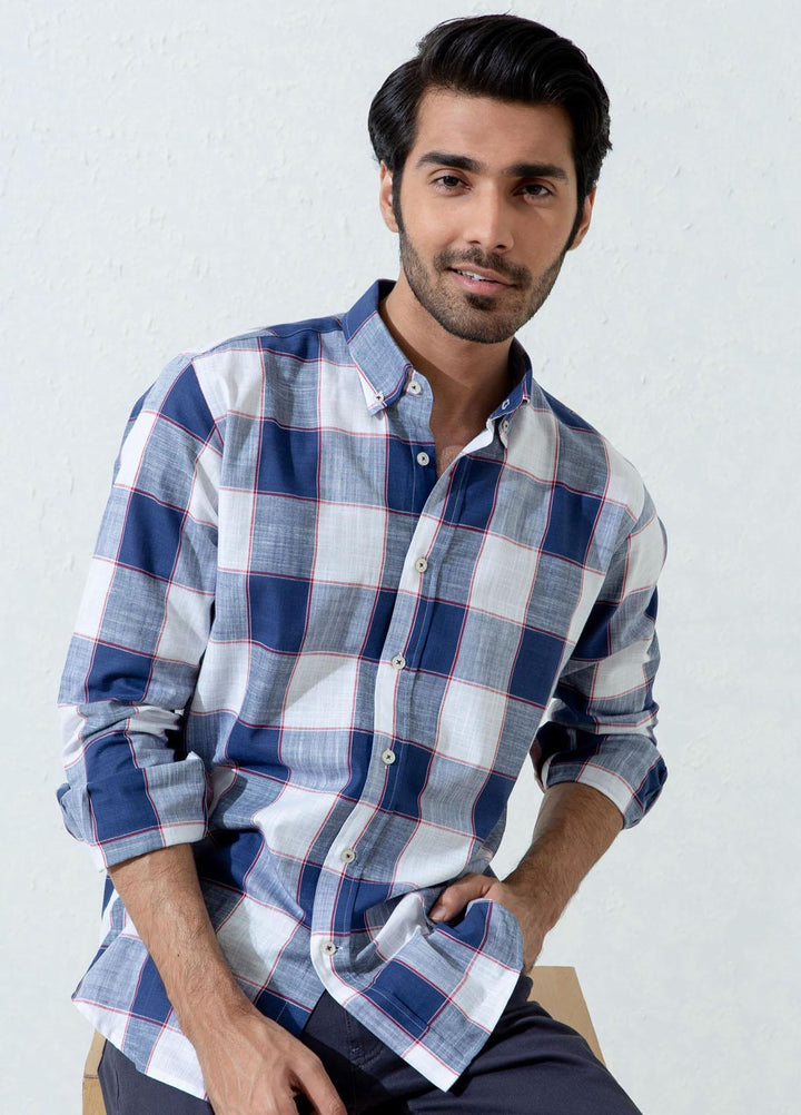 Brumano Cotton Casual Shirts for Men -  Blue & White Slub Textured Checkered