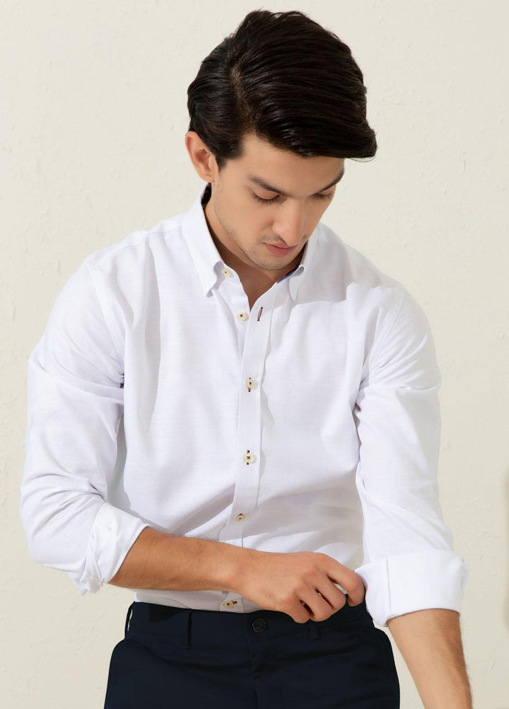 Brumano Cotton Casual Men Shirts -  White Herringbone Shirt With Inside Collar Detailing