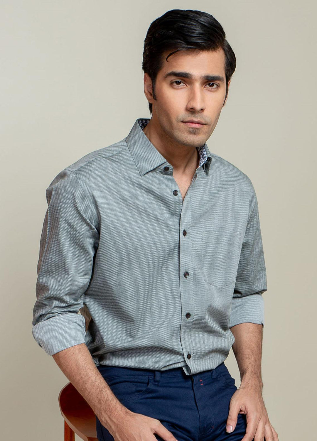 Brumano Cotton Casual Men Shirts -  Olive Honeycomb Patterned Shirt With Detailing