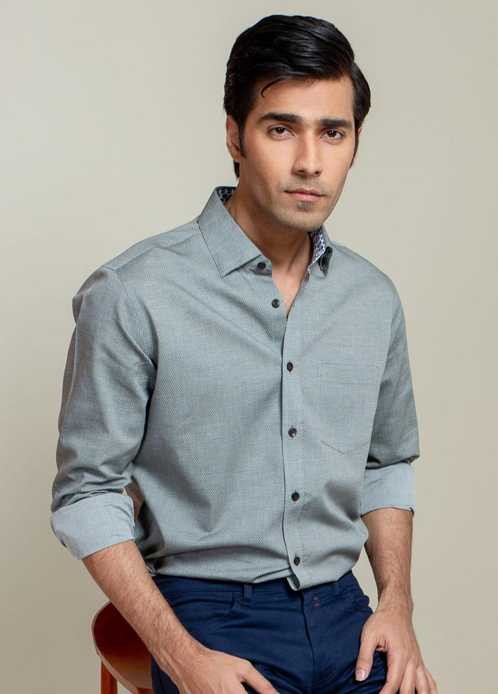 Brumano Cotton Casual Men Shirts -  Olive Honeycomb Patterned Shirt With Detailing