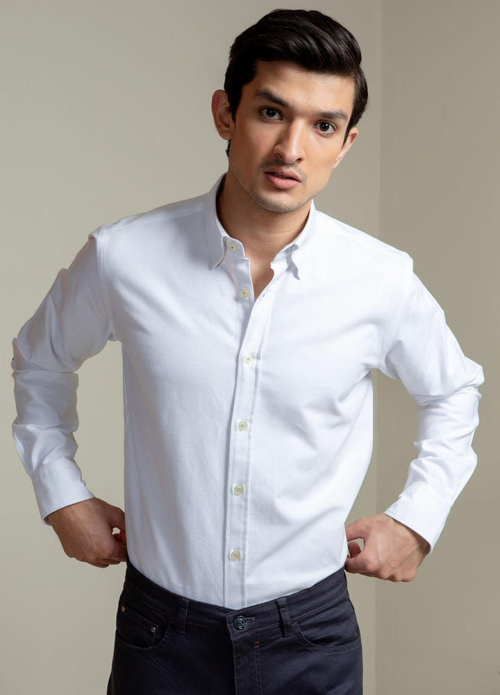 Brumano Cotton Casual Shirts for Men -  White Oxford Shirt With Navy Elbow Patch