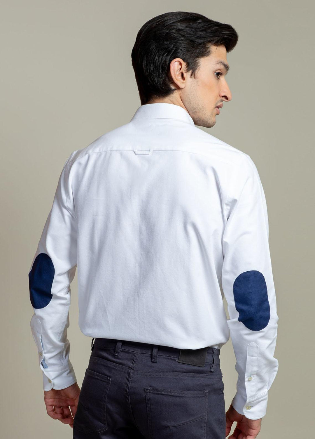 Brumano Cotton Casual Shirts for Men -  White Oxford Shirt With Navy Elbow Patch