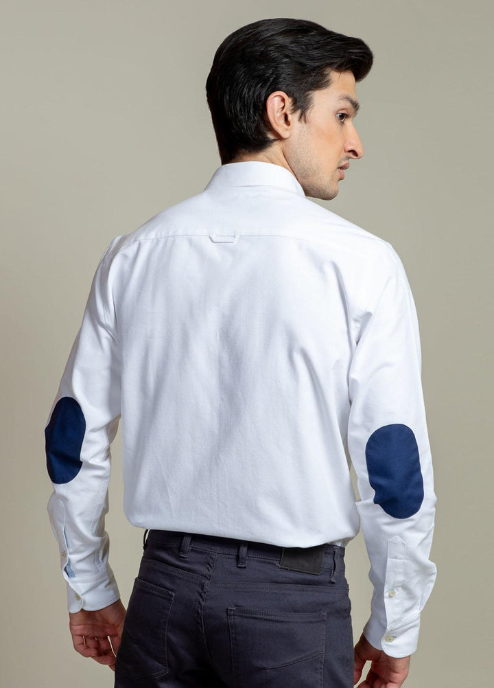 Brumano Cotton Casual Shirts for Men -  White Oxford Shirt With Navy Elbow Patch
