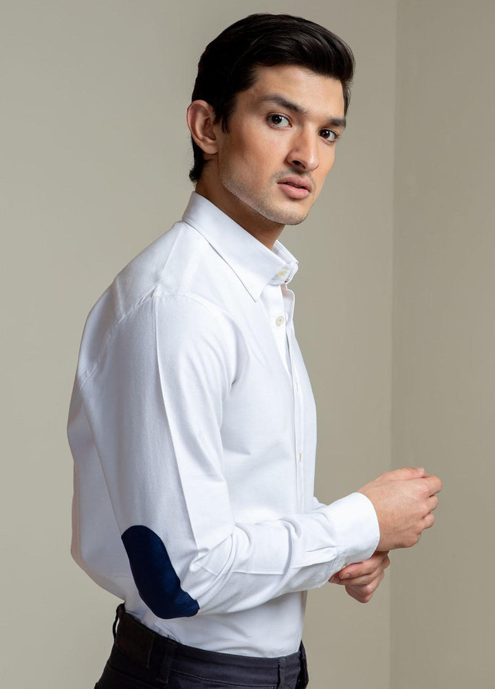 Brumano Cotton Casual Shirts for Men -  White Oxford Shirt With Navy Elbow Patch