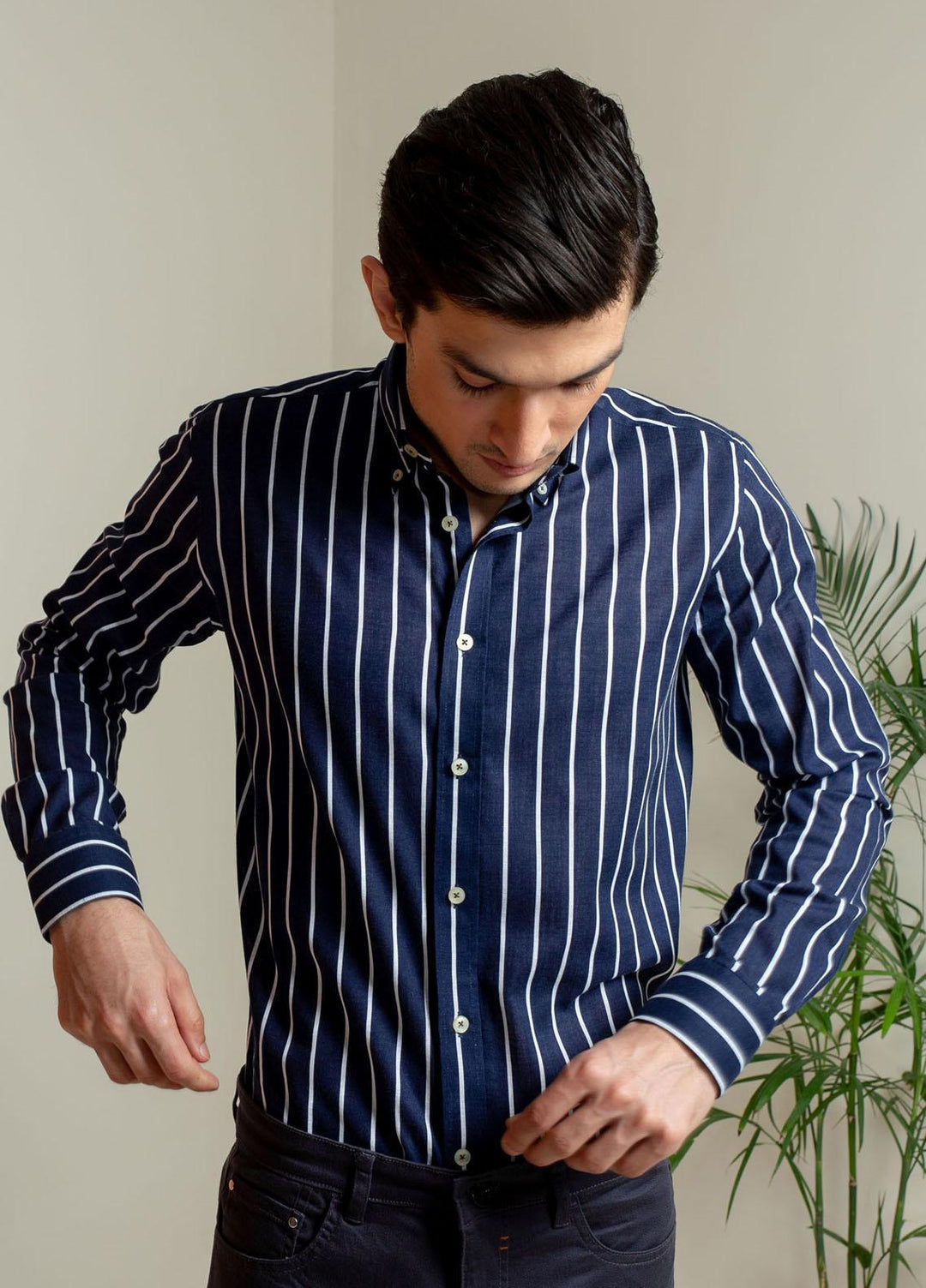 Brumano Cotton Casual Men Shirts -  Navy Blue Striped Button Down
