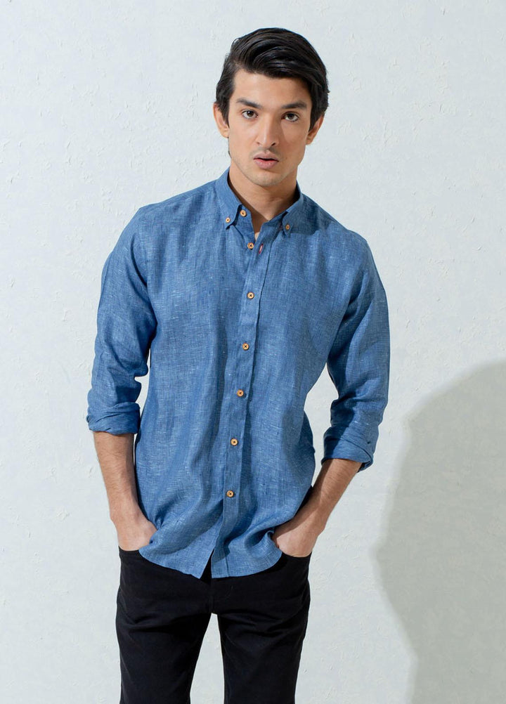 Brumano Linen Casual Shirts for Men -  Blue Linen Structured Button Down