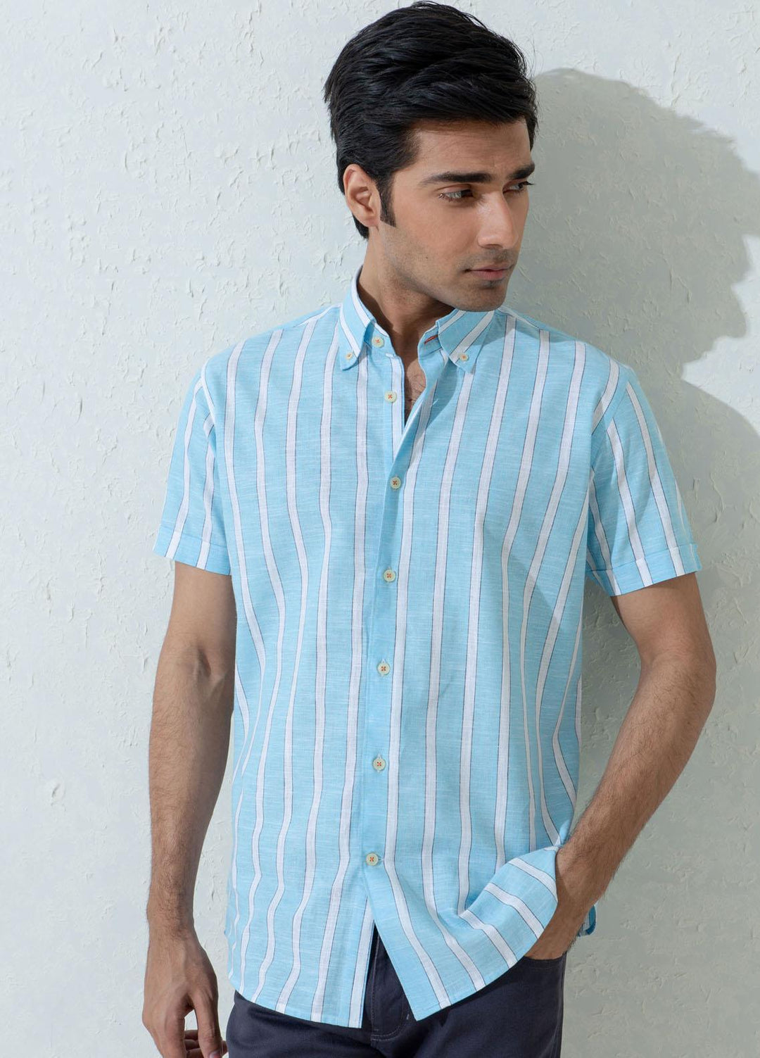 Brumano Cotton Casual Men Shirts -  Blue Linen Striped Half Sleeve