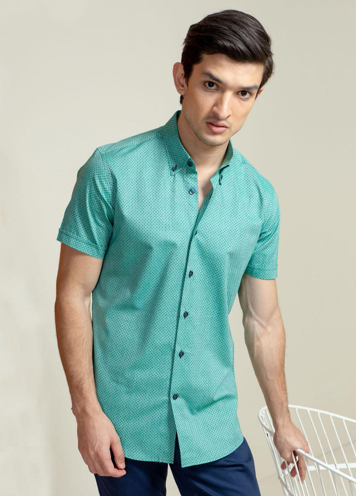 Brumano Cotton Casual Men Shirts -  Green Polka Dot Half Sleeve