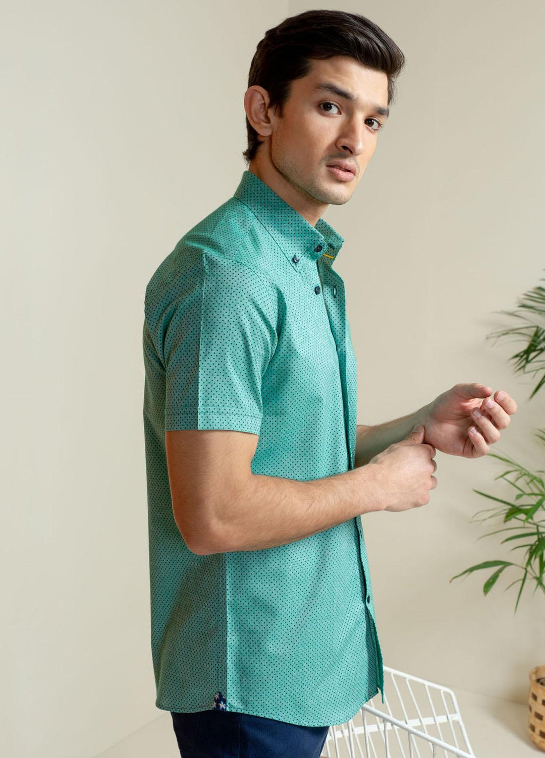 Brumano Cotton Casual Men Shirts -  Green Polka Dot Half Sleeve