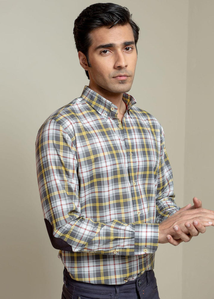 Brumano Cotton Casual Men Shirts -  Grey & Yellow Checkered Light Weight