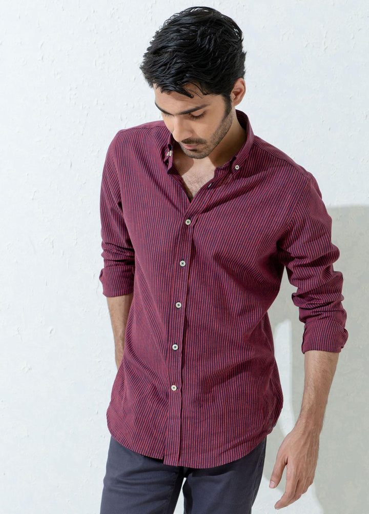 Brumano Cotton Casual Men Shirts -  Maroon & Navy Striped Linen