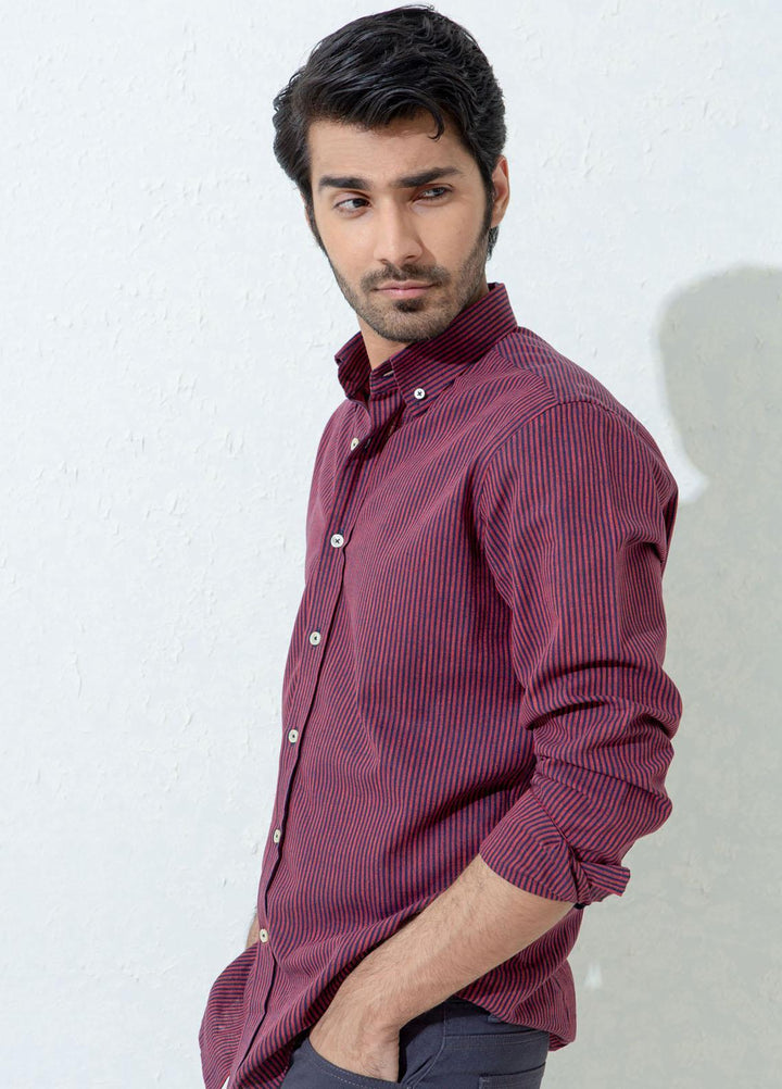 Brumano Cotton Casual Men Shirts -  Maroon & Navy Striped Linen
