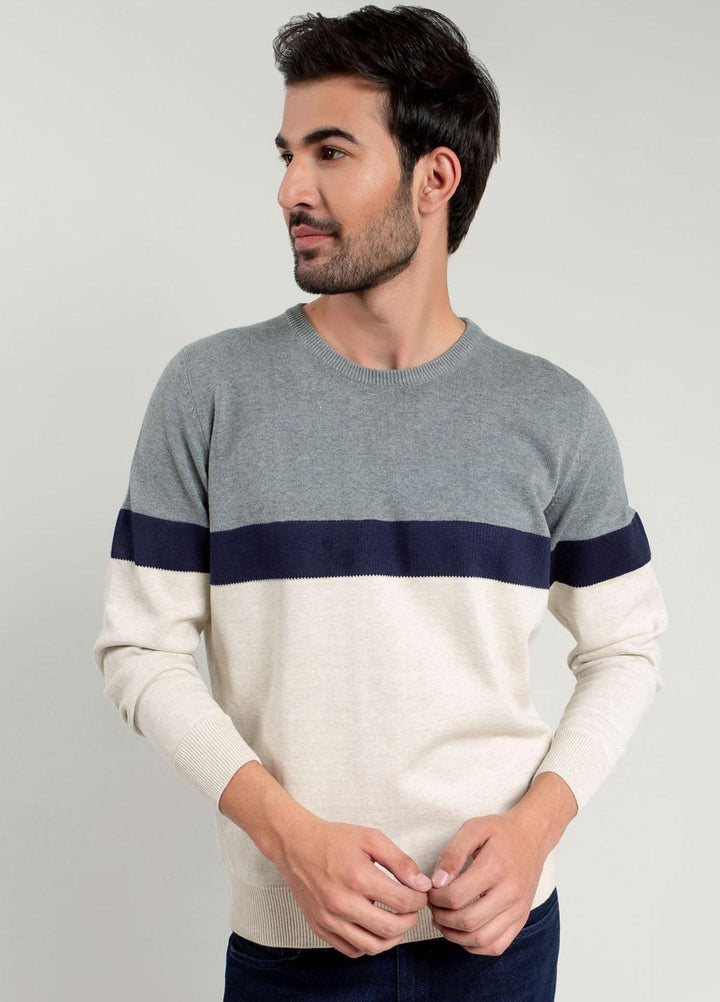 Brumano Cotton Casual Sweater for Men -   Grey & Beige Striped Crew Neck