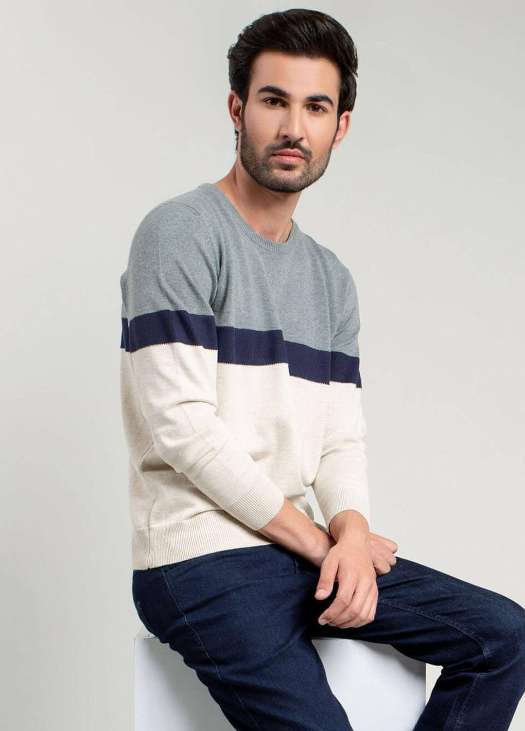 Brumano Cotton Casual Sweater for Men -   Grey & Beige Striped Crew Neck