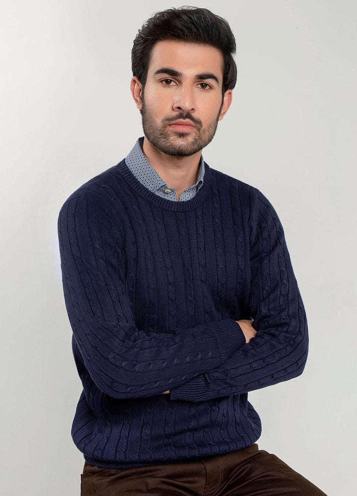 Brumano Cotton Casual Men Sweater -   Classic Navy Cable Knit Crew Neck