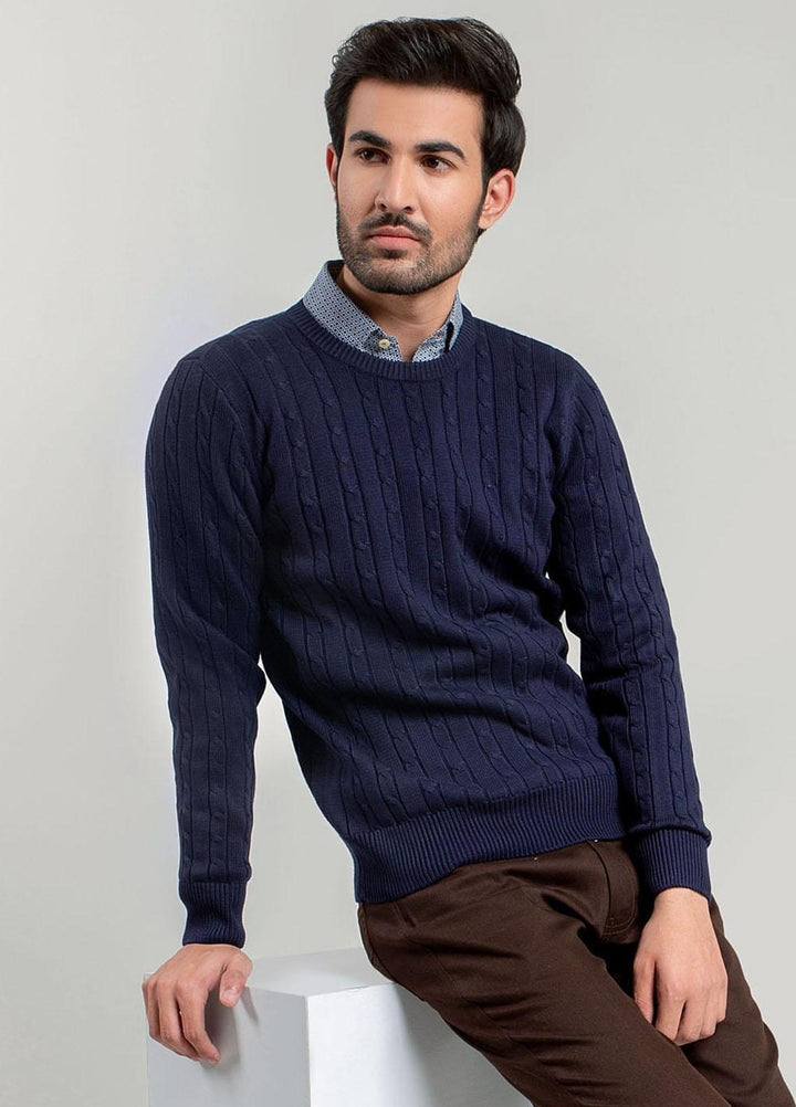 Brumano Cotton Casual Men Sweater -   Classic Navy Cable Knit Crew Neck