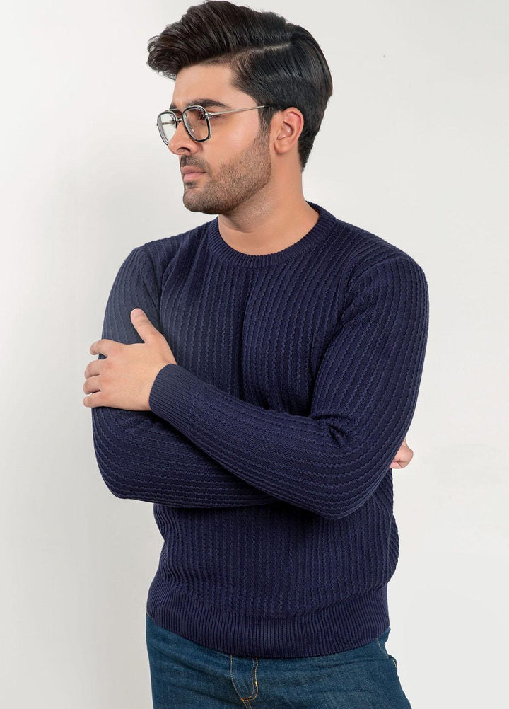Brumano Cotton Casual Jumper for Men -   Navy Zig-Zag Textured Crew Neck