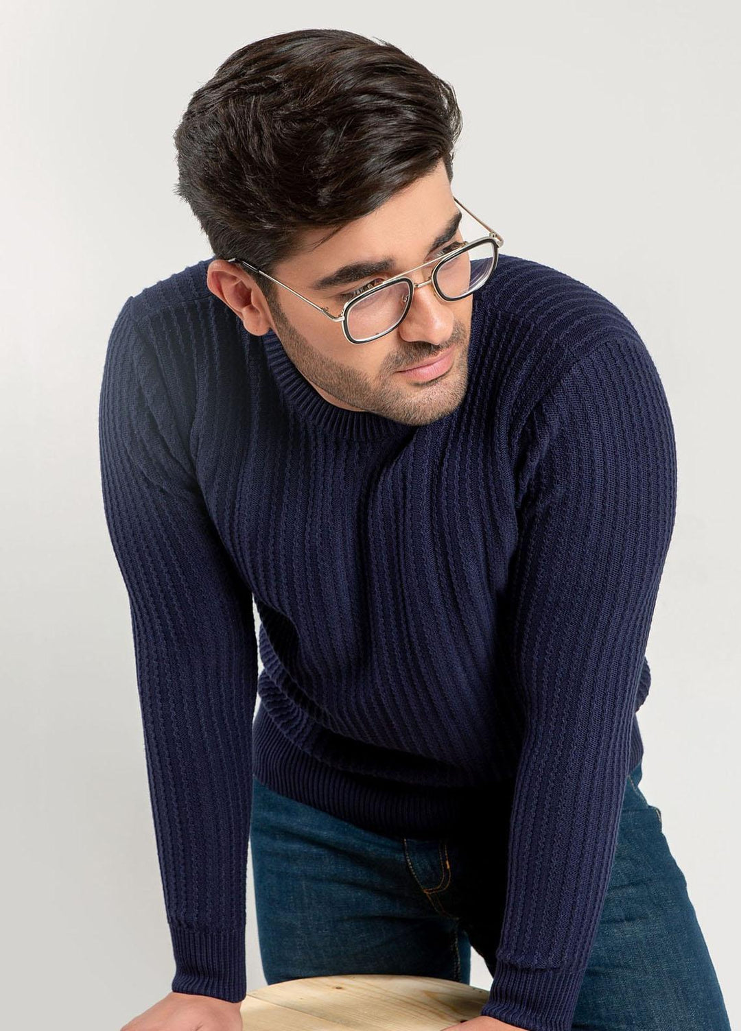 Brumano Cotton Casual Jumper for Men -   Navy Zig-Zag Textured Crew Neck