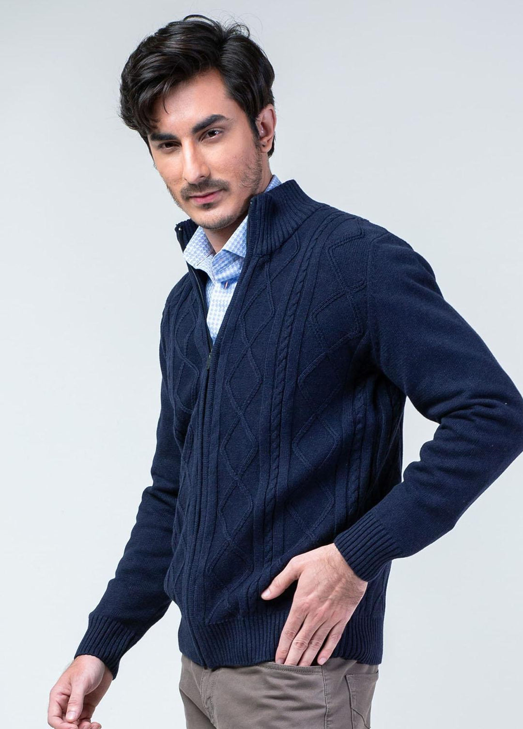 Brumano Cotton Casual Men Zipper -   Navy Cable Knitted