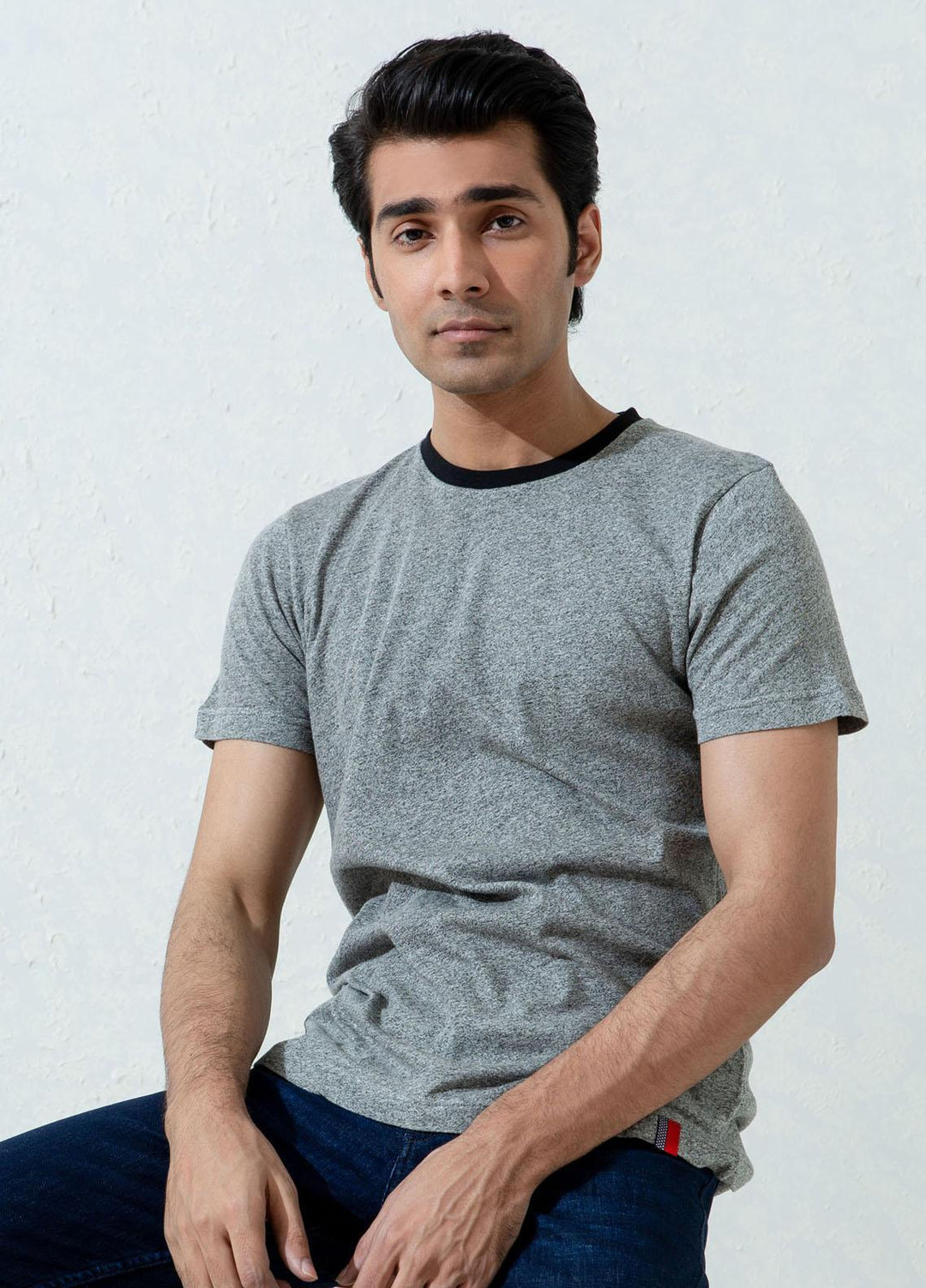 Brumano Cotton Formal T-Shirts for Men -  Grey Marl Crew Neck T-Shirt With Contrasting Rib