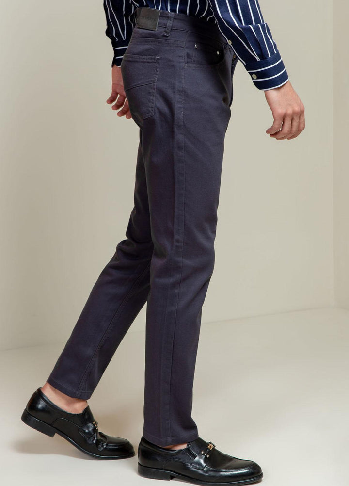 Brumano Cotton Casual Trousers for Mens - Blue Grey Slub Five Pocket Slim Fit Trouser