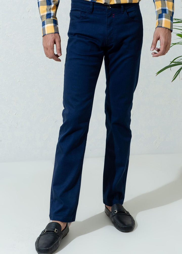 Brumano Cotton Casual Mens Trousers - Blue Blue Slub Five Pocket Slim Fit Trouser