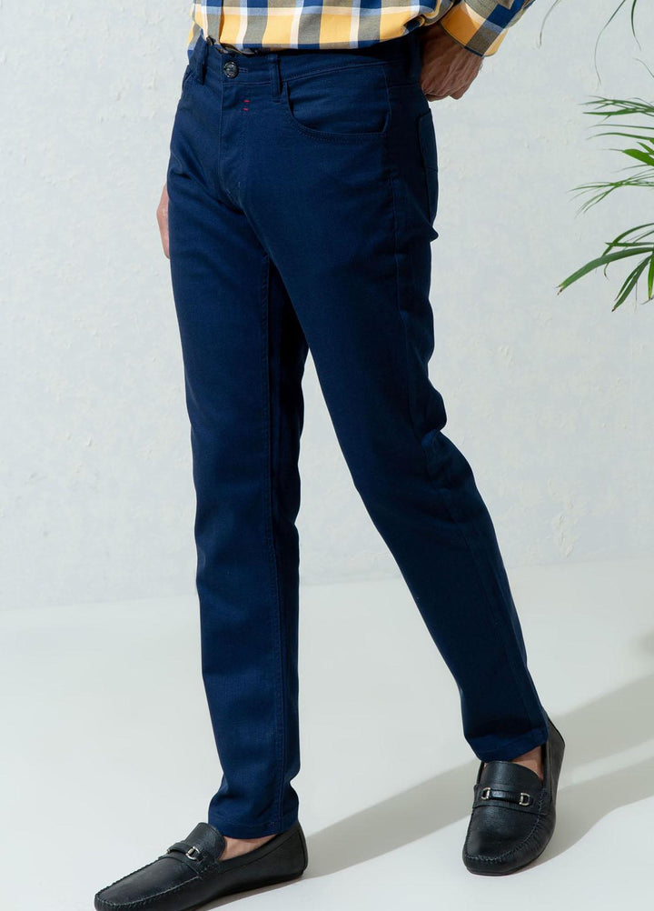 Brumano Cotton Casual Mens Trousers - Blue Blue Slub Five Pocket Slim Fit Trouser