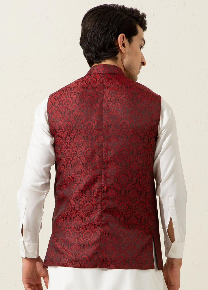 Brumano Polyester Formal Men Waistcoat -  Maroon Floral Patterned