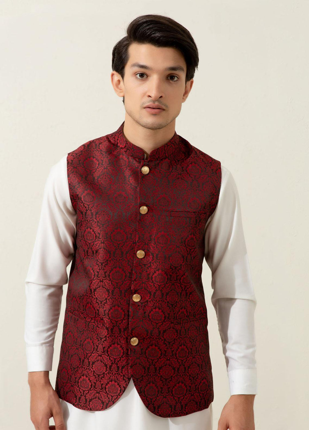 Brumano Polyester Formal Men Waistcoat -  Maroon Floral Patterned
