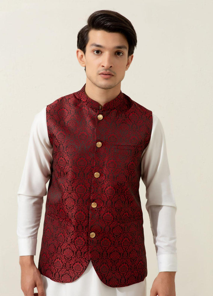 Brumano Polyester Formal Men Waistcoat -  Maroon Floral Patterned