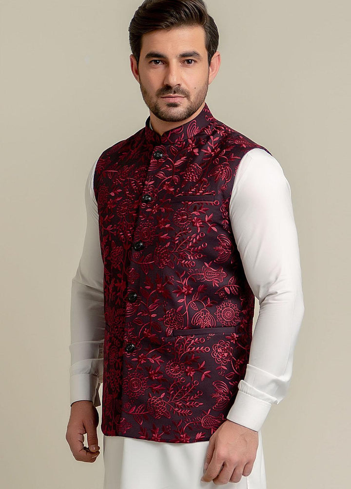 Brumano Polyester  Festive Men Waistcoat -  Burgundy Embroidered Sartoria Waistcoat-2022
