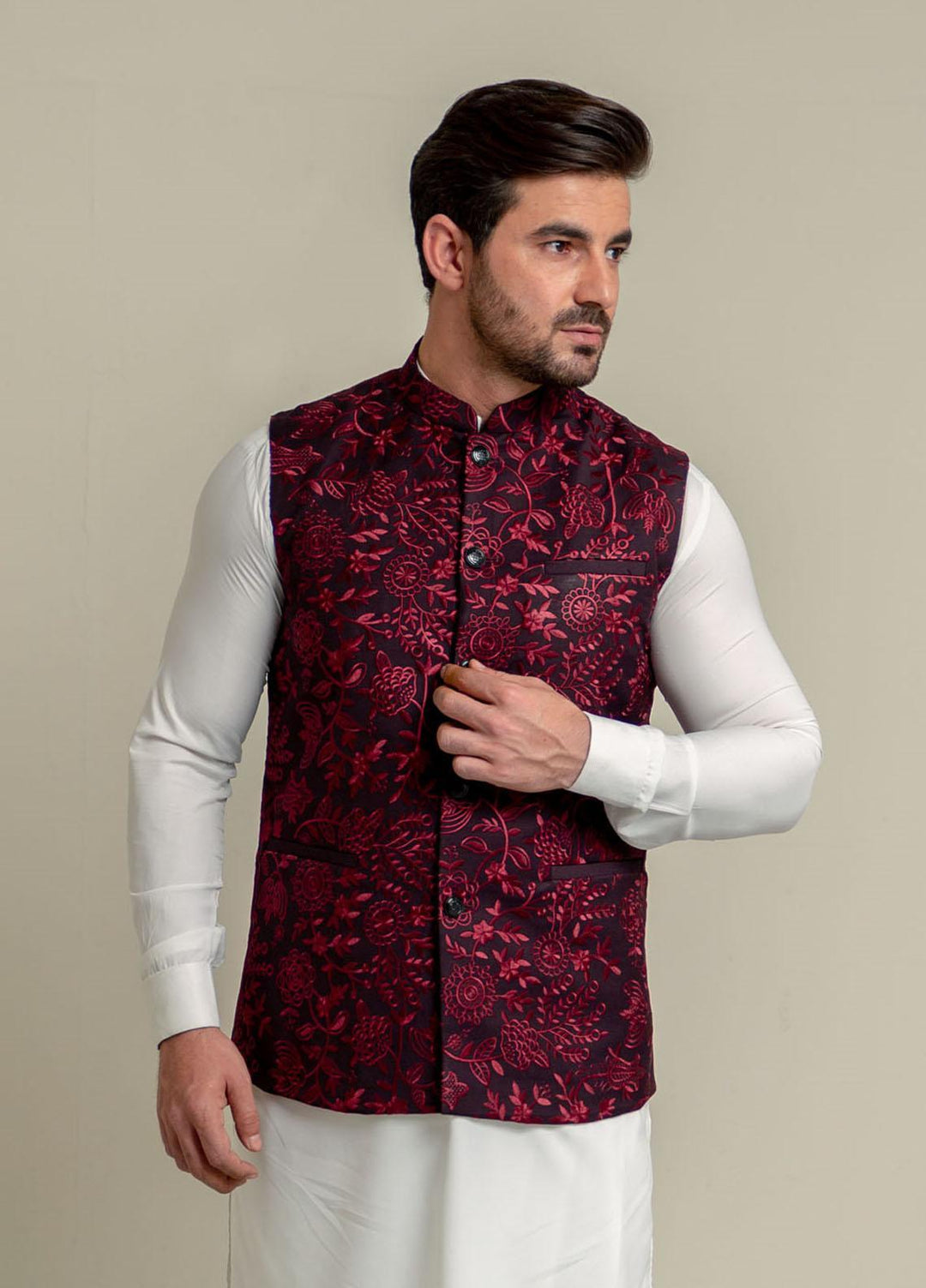 Brumano Polyester  Festive Men Waistcoat -  Burgundy Embroidered Sartoria Waistcoat-2022