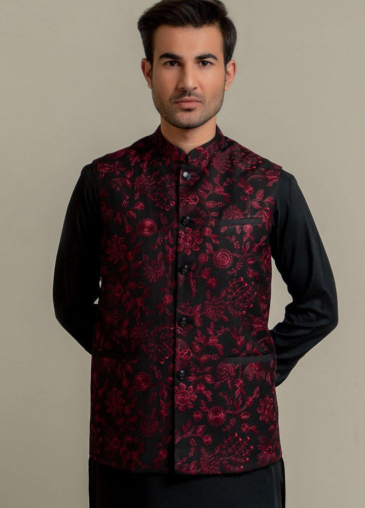 Brumano Polyester  Festive Waistcoat for Men -  Black & Maroon Embroidered Sartoria Waistcoat-2022