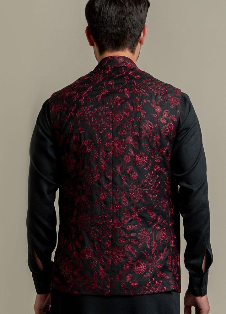 Brumano Polyester  Festive Waistcoat for Men -  Black & Maroon Embroidered Sartoria Waistcoat-2022