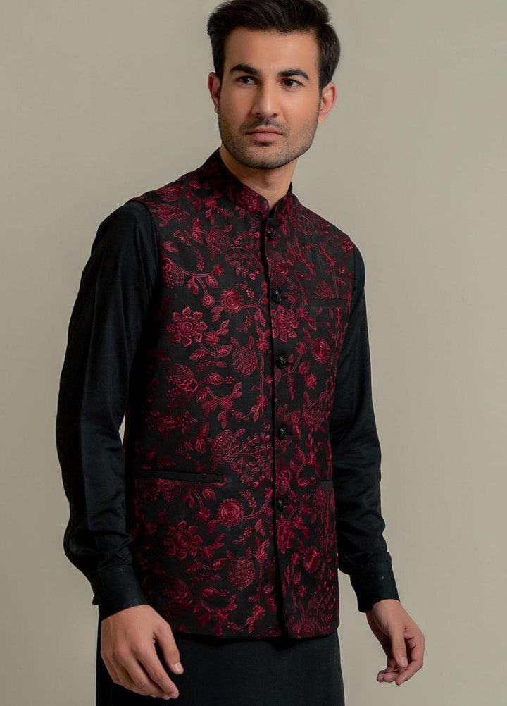 Brumano Polyester  Festive Waistcoat for Men -  Black & Maroon Embroidered Sartoria Waistcoat-2022