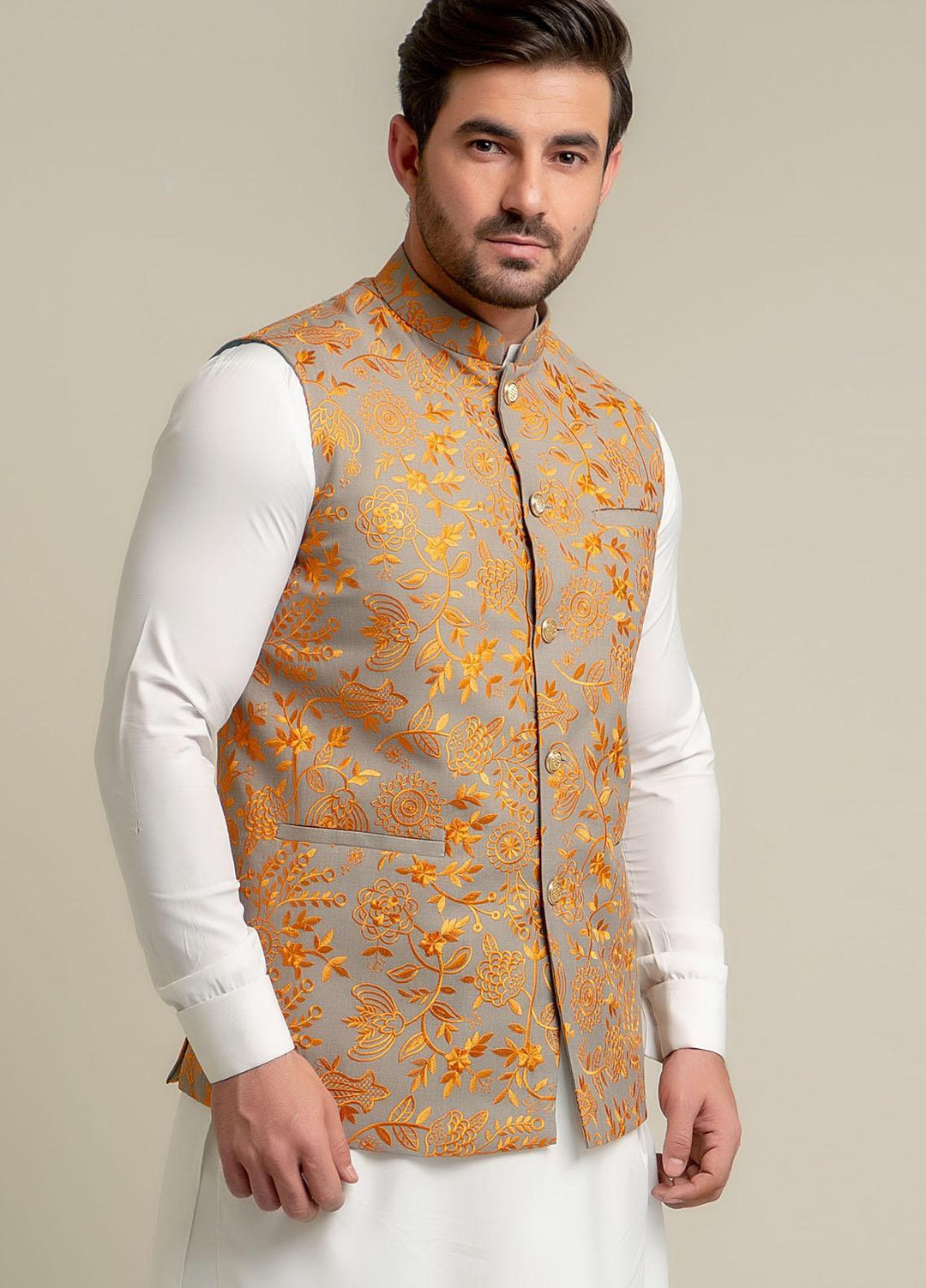 Brumano Polyester  Festive Waistcoat for Men -  Yellow Embroidered Sartoria Waistcoat-2022