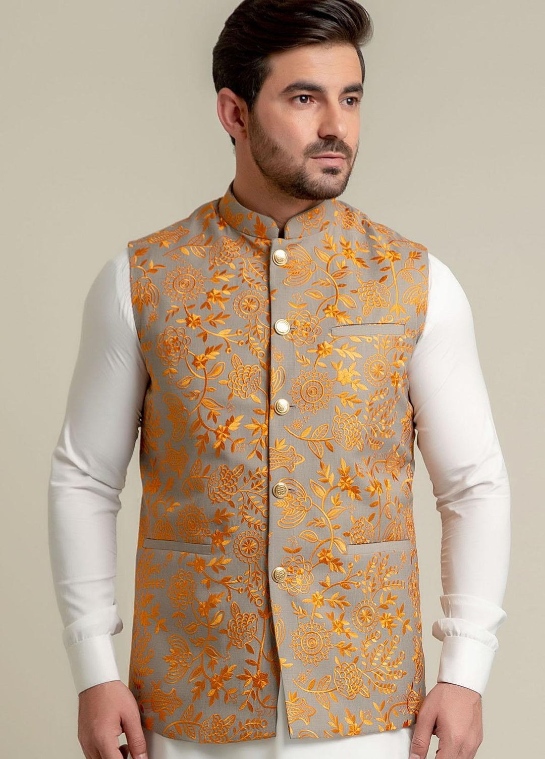 Brumano Polyester  Festive Waistcoat for Men -  Yellow Embroidered Sartoria Waistcoat-2022