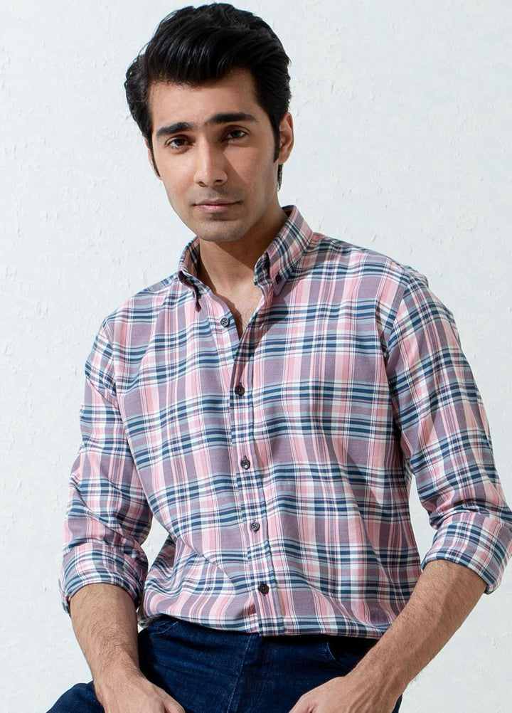 Brumano Cotton Full Sleeves Casual Men Shirts -  BM21SH Pink & Navy Checkered Flannel
