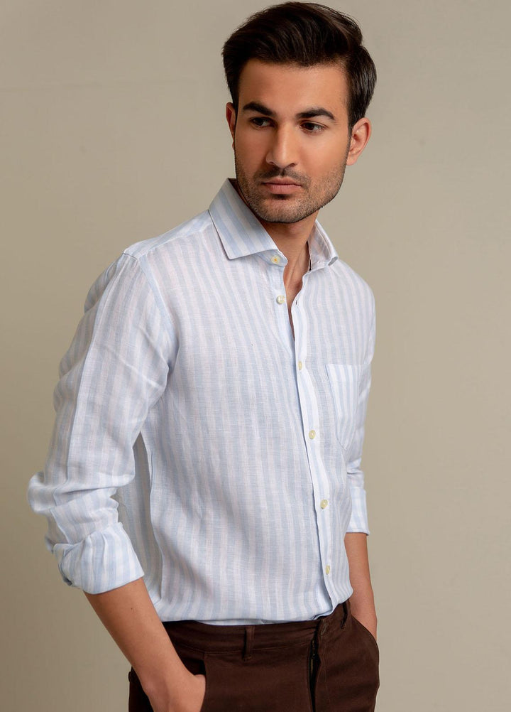 Brumano Linen Formal Shirts for Men -  Sky Blue & White Striped Linen Shirt-SS2022