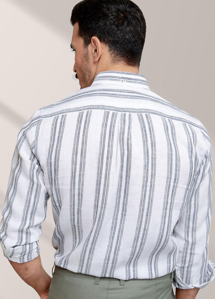 Brumano Linen Formal Men Shirts -  White & Grey Striped Linen Shirt-SS2022